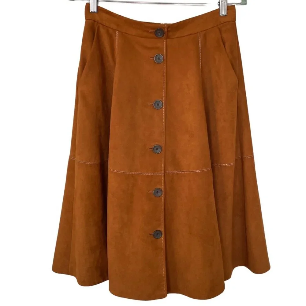 Karen Millen Brown Vegan Faux Suede Button Front Western A-Line Skirt Size 8